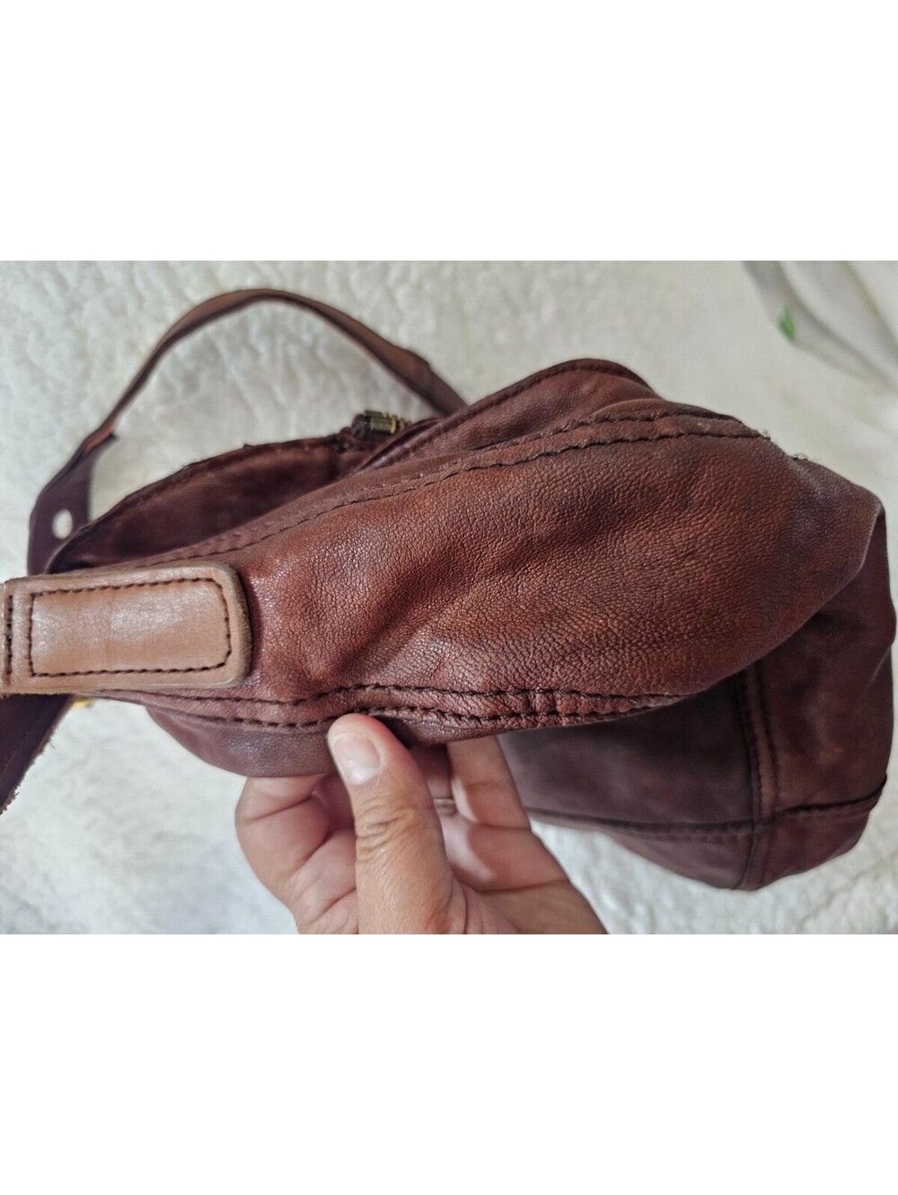 Lucky Brand Stash Fold Over Purse Hobo Bag Vintage Brown Lambskin Leather Boho - Picture 7 of 16